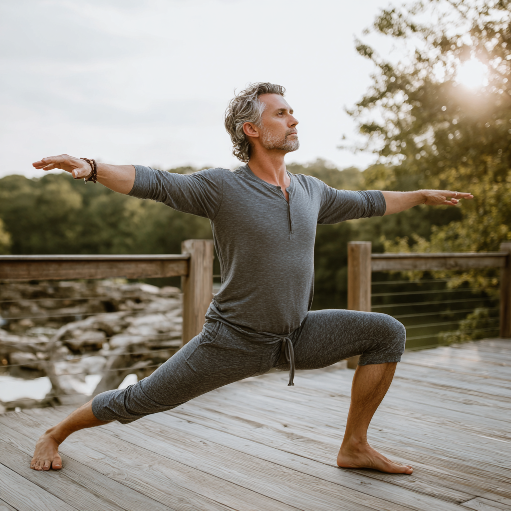experienced adult instructor demonstrating yoga poses in peaceful natural setting